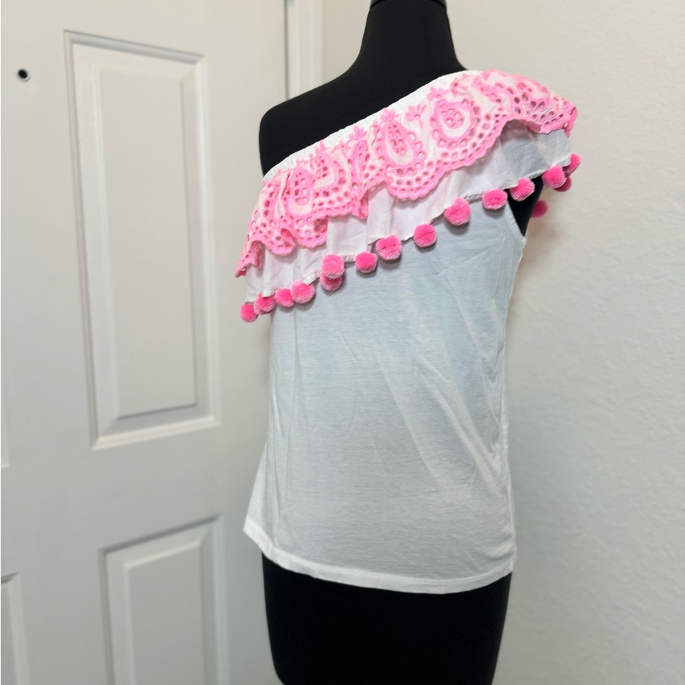 Lilly Pulitzer Pink and White Off-Shoulder Women's Top - Picture 3 of 6